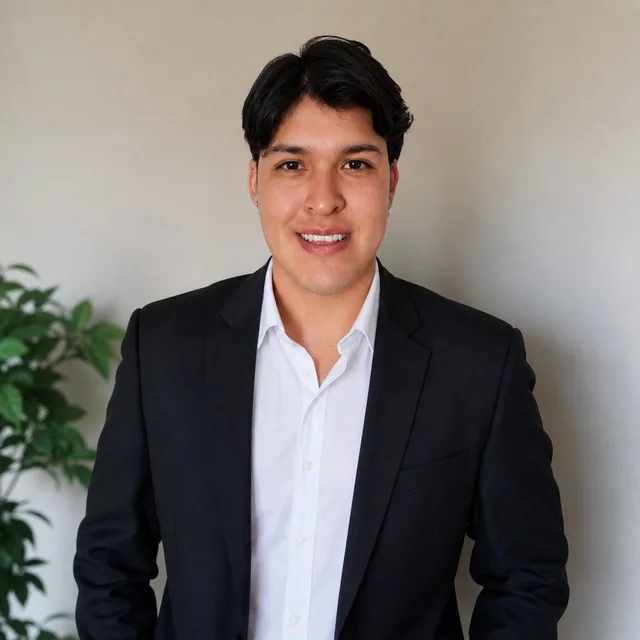 Samuel Felipe Quiroz Piñeros, de saco oscuro y camisa blanca, sonriendo frente a una pared clara.