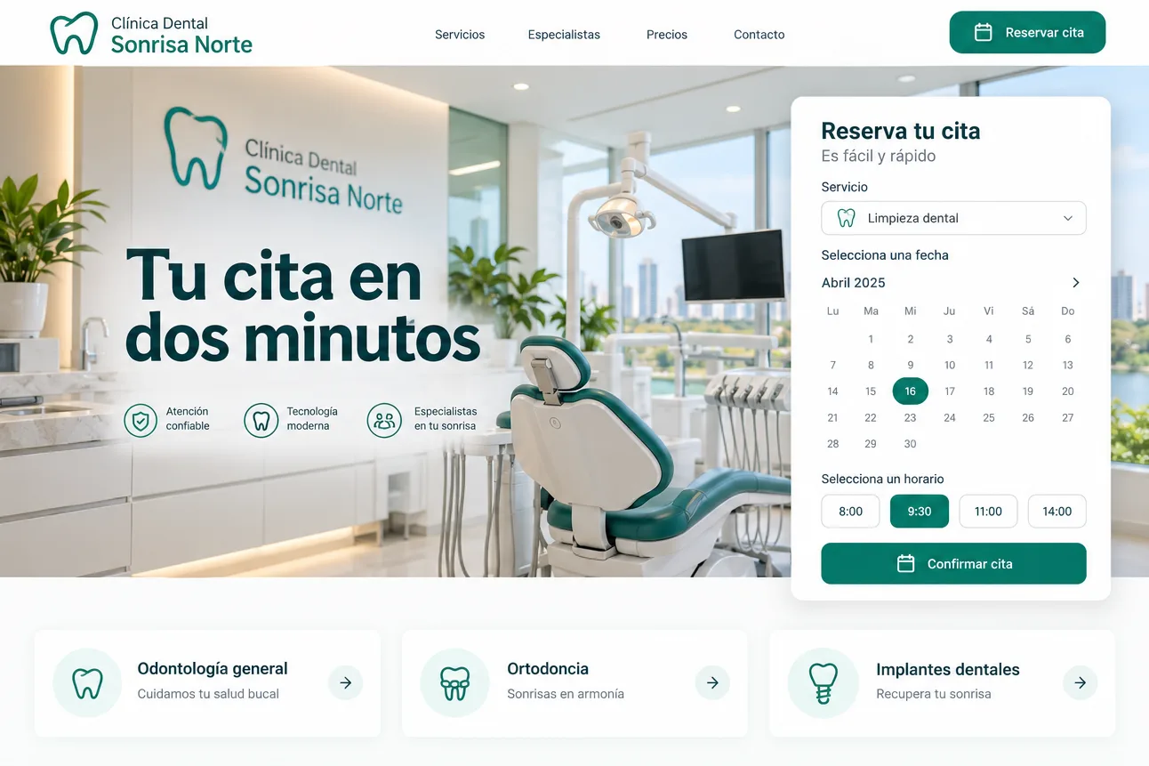 Portada de una clínica dental con un consultorio luminoso, el titular «Tu cita en dos minutos» y un calendario para reservar.