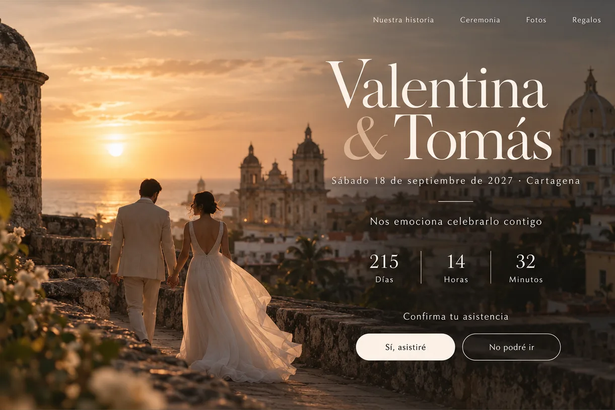 Invitación de boda de Valentina y Tomás: la pareja de espaldas sobre las murallas de Cartagena al atardecer, la fecha, la cuenta regresiva y los botones para confirmar asistencia.